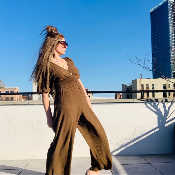 UO Vintage Bell Sleeve V-neck Earthy Jumpsuit Long Legs - Picture 6 of 16